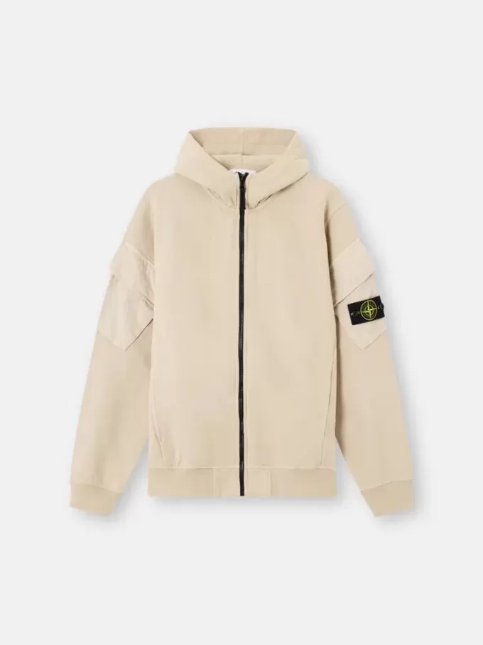 Sweat-shirt à capuche et fermeture éclair, coupe classique, avec poches sur les manches.