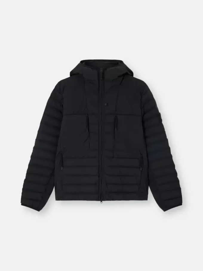 Veste à capuche avec tunnels sans coutures pour les plumes et système anti-chute Veste à capuche avec tunnels sans coutures pour les plumes et système anti-chute